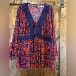 Torrid Babydoll Top with embroidered lace‎ and drawstring tie neck, size 0